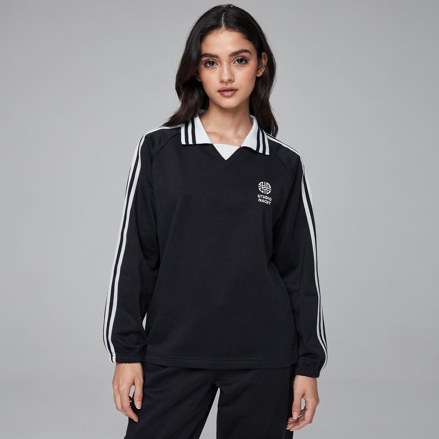 Contrast Striped Lapel Collar Sweatshirt